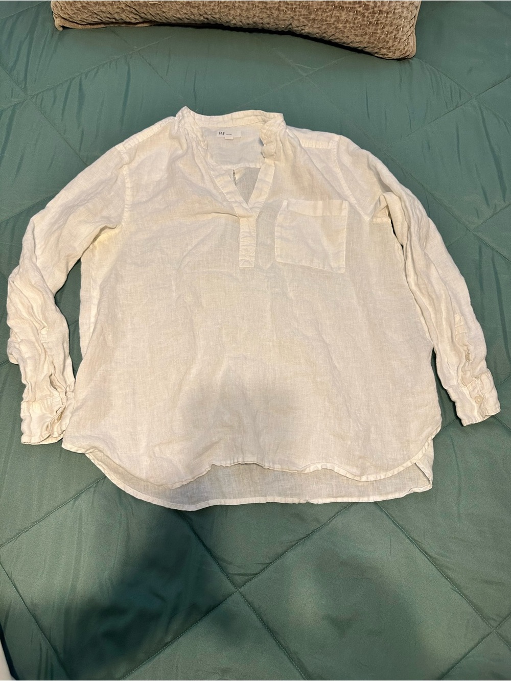 GAP White Linen-Blend Long Sleeve Popover Shirt